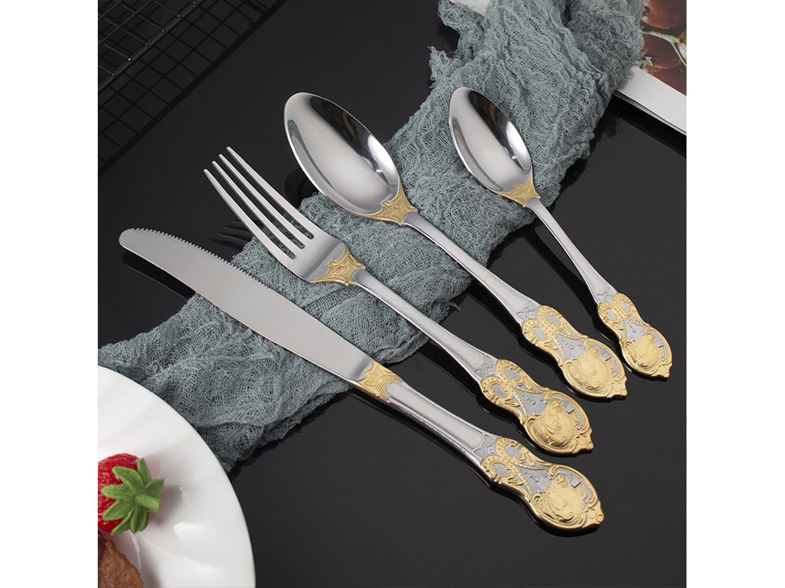 (juego De 4 Piezas - Cerdo)cubiertos,cuchillos,tenedores Y Cucharas De Acero Inoxidable,bañados En Oro,cubiertos Con Relieve De Estilo Retro