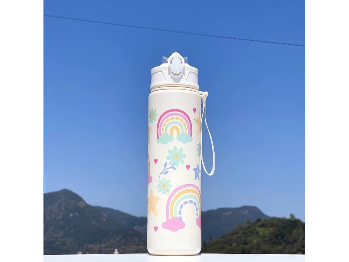 Botella de agua infantil de 750 ml de capacidad, fabricada en plástico ecológico. Mdug (blanco arcoíris)