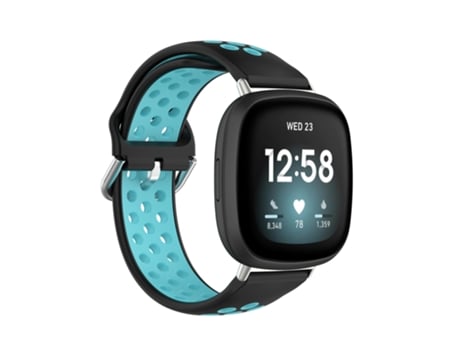 Correa de reloj inteligente de silicona transpirable perforada de dos colores para Fitbit Versa 3 (negro + verde azulado)