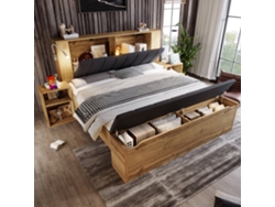 Cama Doble 160x200 Cm Madera Roble, Cabecero Plegable Lino, 2 Mesitas, Banco Almacenamiento, Led Usb, Sin Colchón.