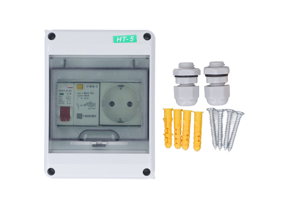 Caja De Distribución Eléctrica Impermeable Con Disyuntor Mcb Rcbo Y 2 Tomas De Corriente Europeas De 250 Vca.