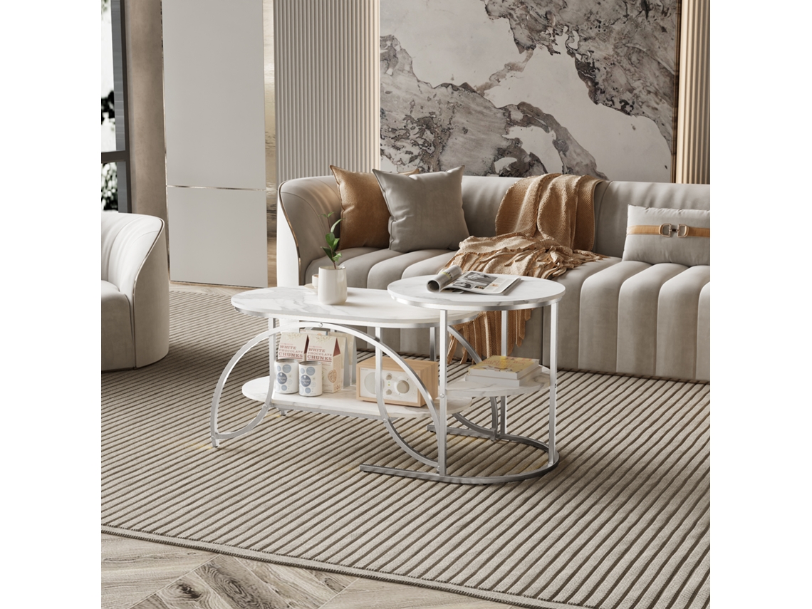 Mesa de centro Rosahqnda, 2 piezas, moderna, cubierta de mármol blanco, base de metal plateado, conjunto modular con estante abierto, MDF y metal