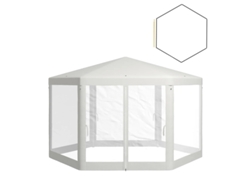 Gazebo hexagonal, construcción de poliéster y metal, 394 x 341,2 x 250 cm, longitud lateral 197 cm, altura del techo 250 cm, altura del alero 200 cm OEM