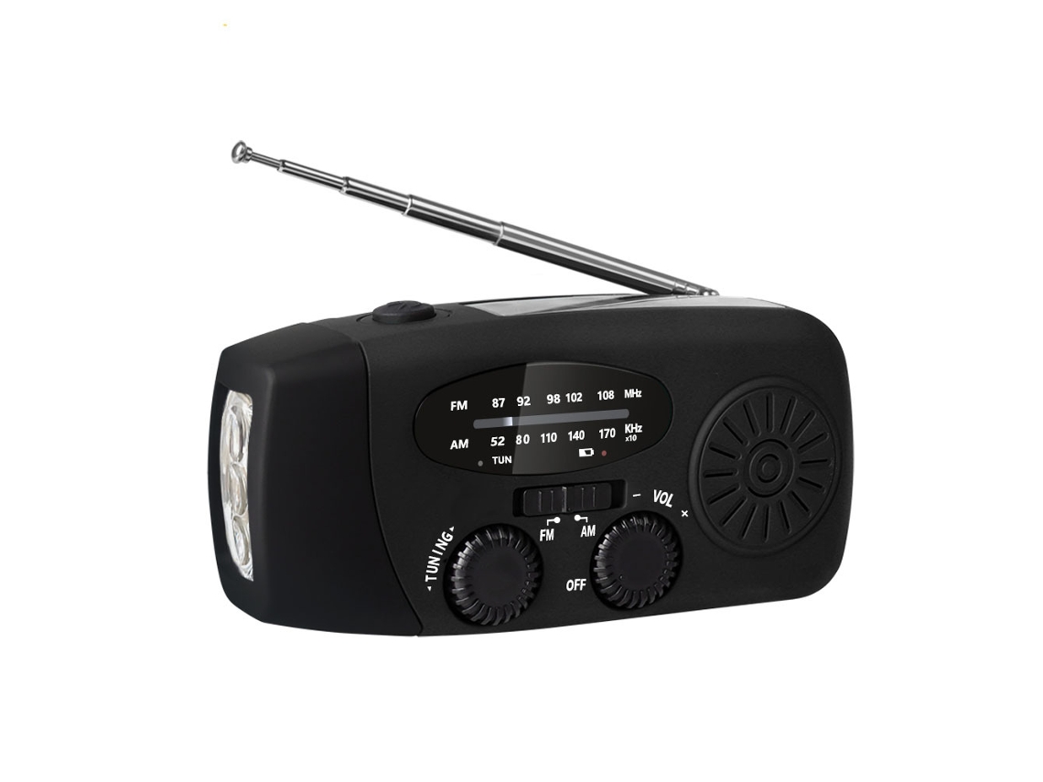 Radio solar portátil de emergencia con manivela, AM FM WB, 2000 mAh, batería externa recargable, color negro (para cargar celular)