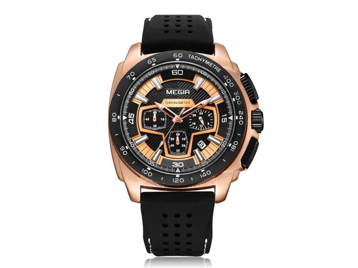 Reloj Hombre Megir De Aleación Correa De Silicona Analógico De Cuarzo Oro Rosa Negro