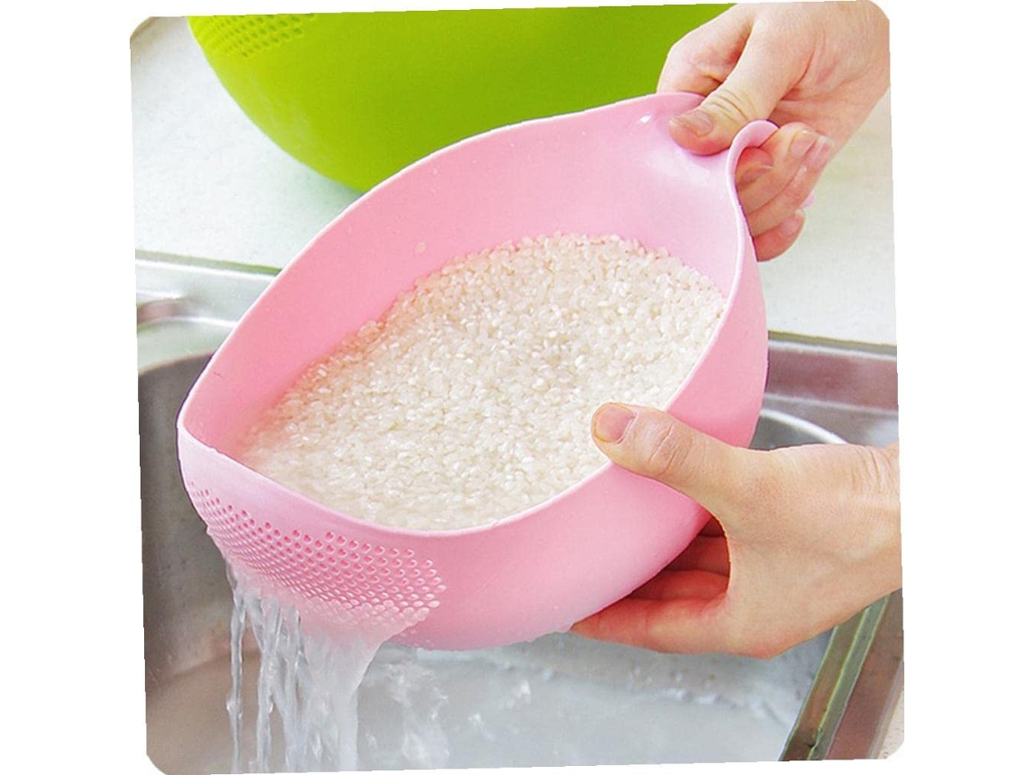 Colador de arroz redondo rosa de plástico, colador multifuncional para verduras y frutas, accesorio de cocina.