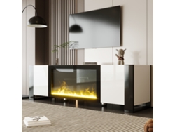 Mueble de TV 165x32x55xcm 2 Puertas Con Chimenea Eléctrica Con Efecto Llama Sin Calefacción Blanco Negro Estilo