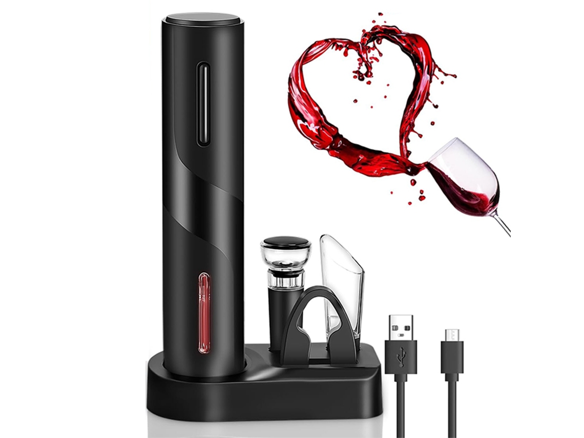 Abridor de botellas eléctrico recargable, incluye soporte, cortador de película, vaso y tapa. Mdug