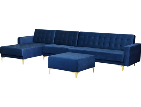 Sofá BELIANI Aberdeen com Repousa-Pés (Azul - Terciopelo -168x347x83 cm)