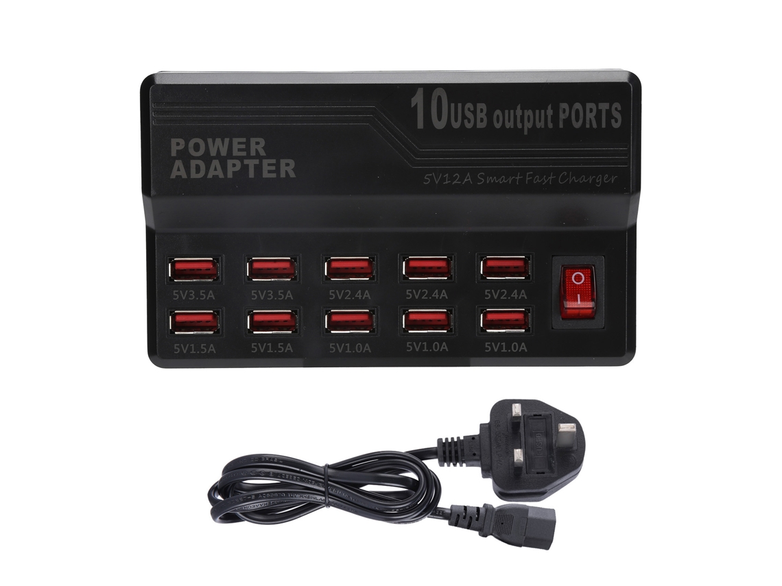 Cargador Usb Inteligente De 10 Puertos, Estación De Carga Rápida De 12 A, Concentrador De Energía De 100-240 V.