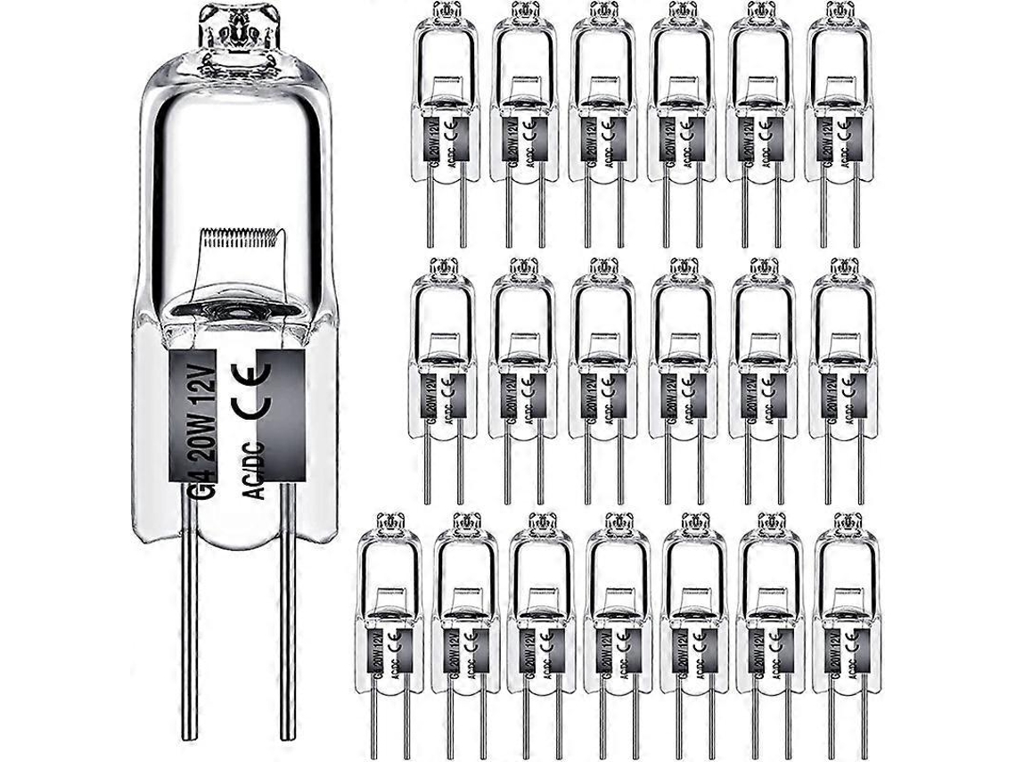 Rebe 20 bombillas halógenas G4 de 20 W y 12 V CC, luz blanca cálida, a prueba de explosiones, resistentes a los rayos UV, luz de interior cristalina