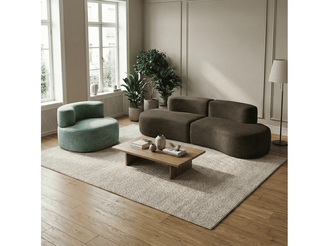 Pack Lounge: Sofá de 3 plazas y Sillón, Chocolate y Verde Salvia, COCO SPA (175x129x90 cm)