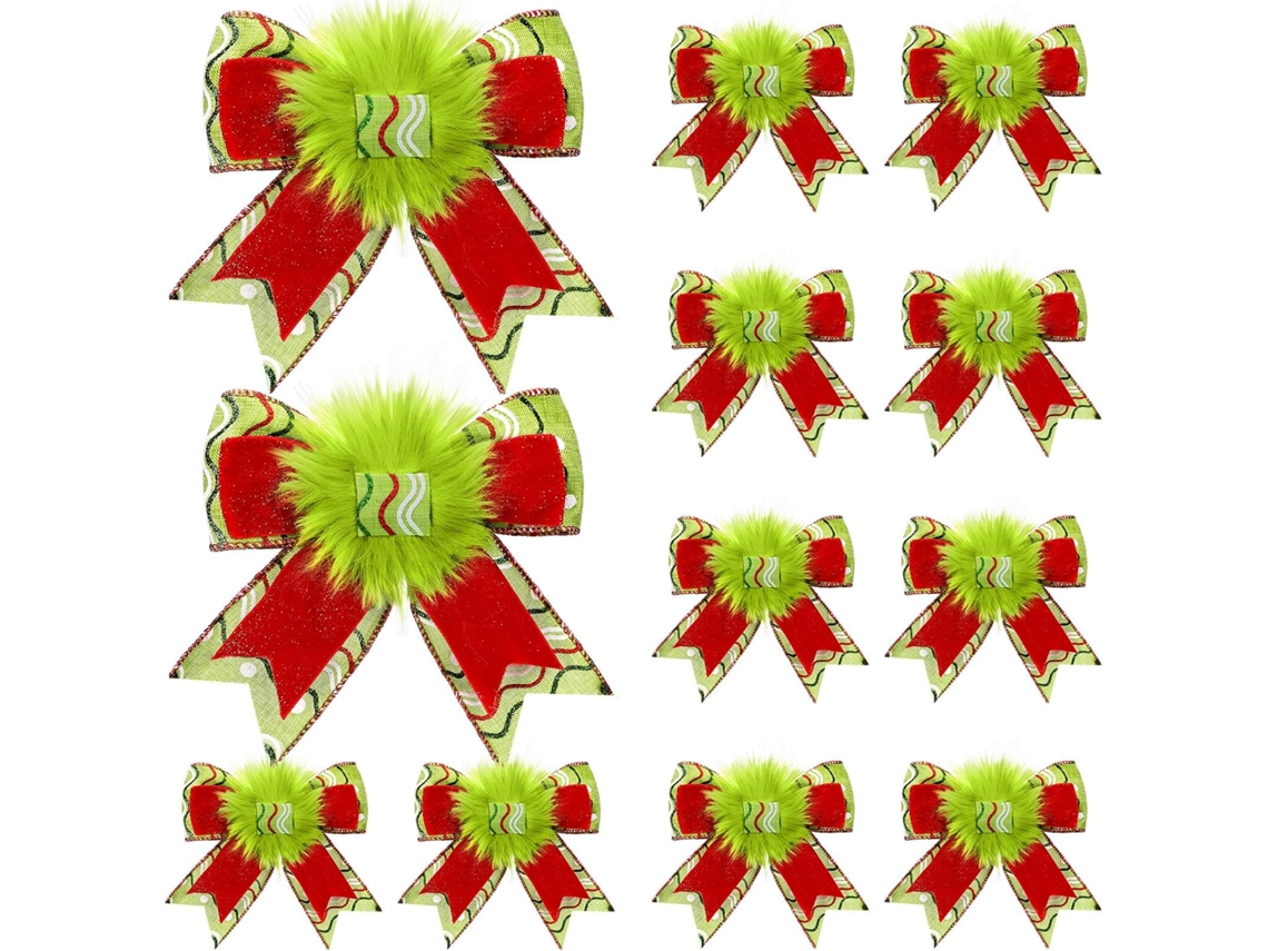 12 Lazos navideños de terciopelo rojo y verde, adornos para el árbol y guirnalda para fiestas navideñas (clásico)