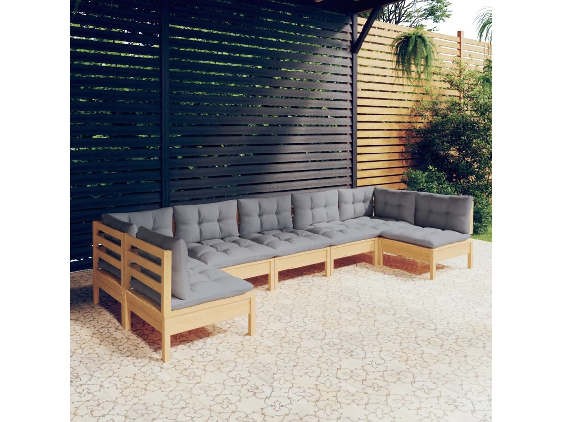 Conjunto de jardín de 7 piezas con cojines, pino macizo gris, DKD Home Decor