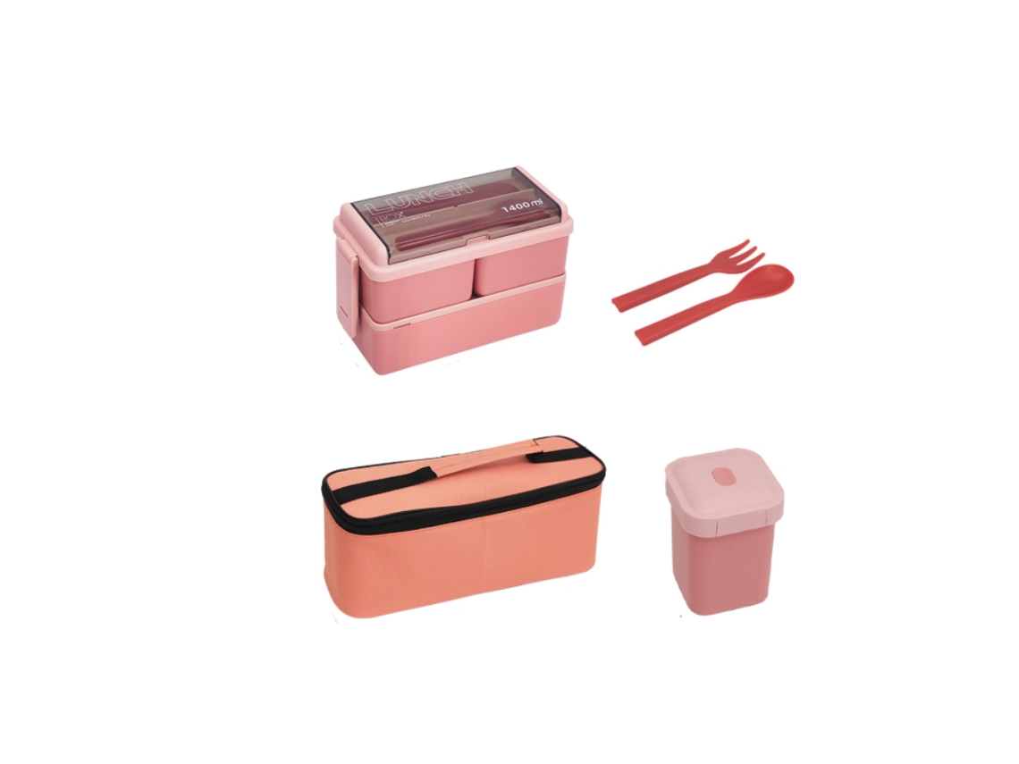 Lonchera Apilable De 3 Compartimentos Con Bolsa Para El Almuerzo, Bolsa Para Refrigerios Y Cubiertos (rosa)