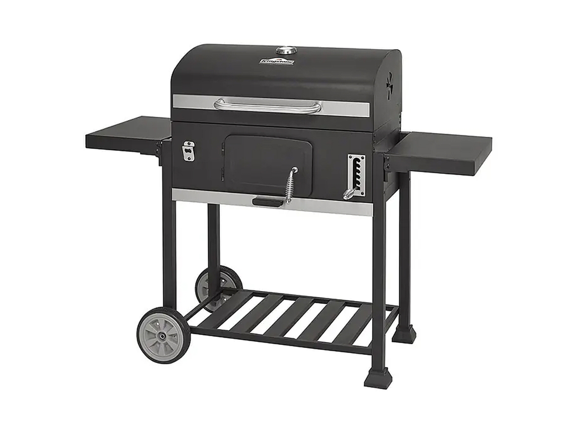 Parrilla portátil XXL de hierro fundido con bandeja para carbón, altura ajustable y 4 rejillas.
