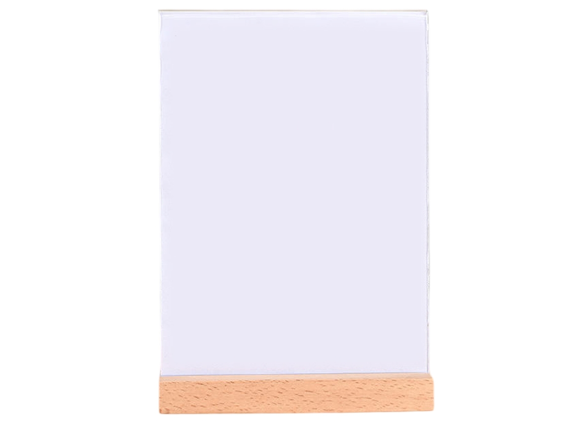 JILLIOPER Placa de Mesa Acrílica en Forma de T con Soporte de Madera de Haya para Oficina Cartel de Comida Tarjeta de Precio en Madera Maciza A4