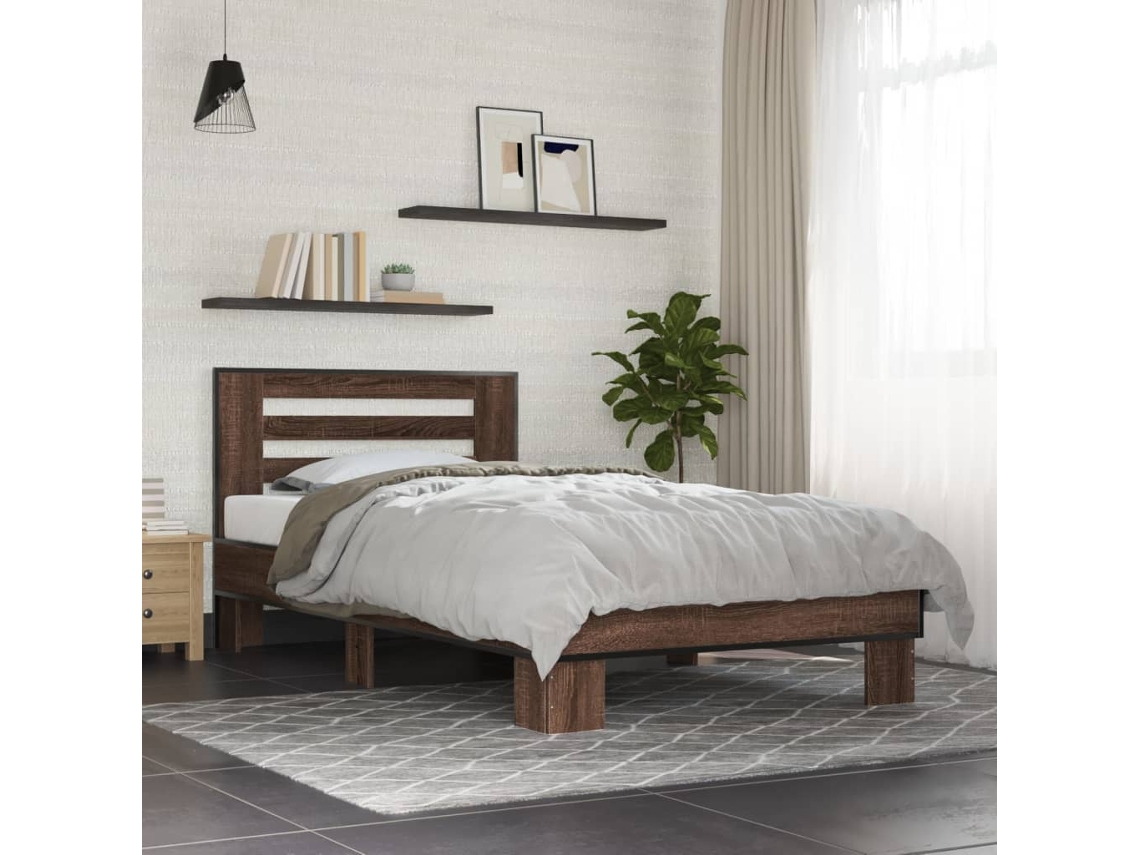 Estructura Cama Madera Ingeniería Metal Marrón Roble 100x200 Cm
