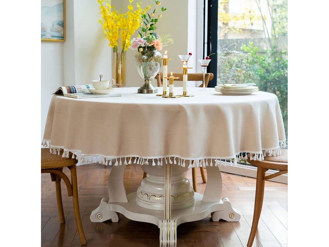 HYMNORA 1pcs - Toalla de Mesa Sólida Sydney Beige con Borlas - Redonda 120cm
