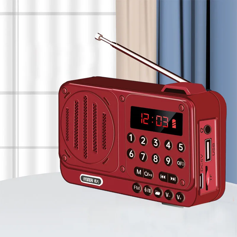Mini radio FM (roja), alta sensibilidad, potente altavoz incorporado, pantalla LED, grabación.