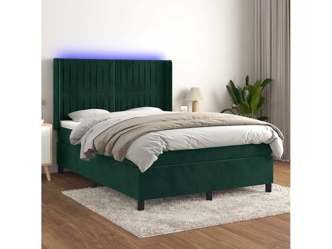 Syfax™ Cama Box Spring Colchón Y Led Terciopelo Verde Oscuro 140x200cm
