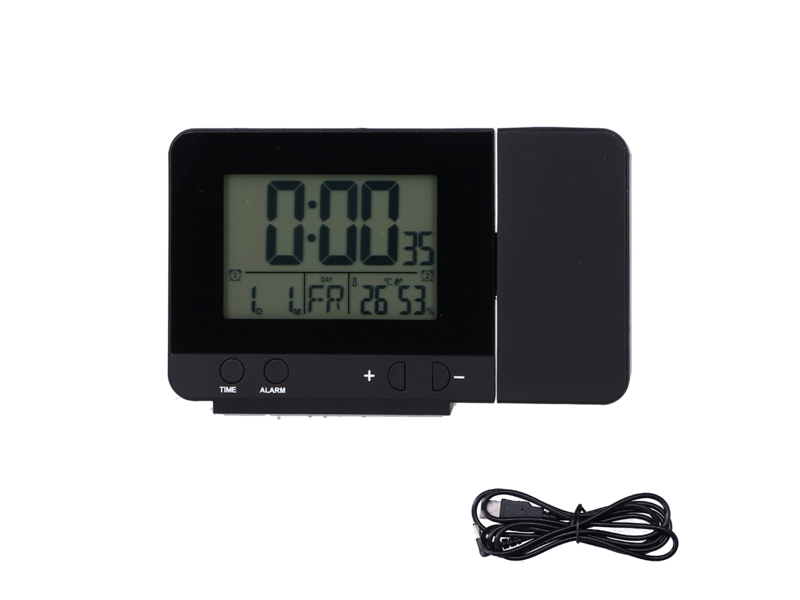 Reloj de proyección Baok negro con pantalla LCD, visualización de hora y temperatura, carga USB, multifuncional para uso doméstico.