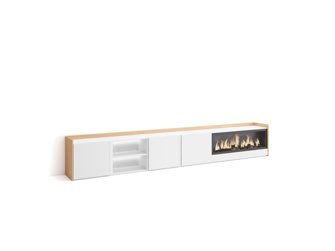 Mueble Tv, Televisión, 315x35x50cm, Para Tv Hasta 80", Chimenea Eléctrica Xxl, Led, Blanco Y Roble Soft