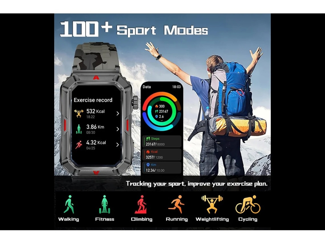 Reloj inteligente CF26 con pantalla cuadrada de 1,57 pulgadas para hombre, monitor de actividad física para Android e iOS, camuflaje negro, Bestvite