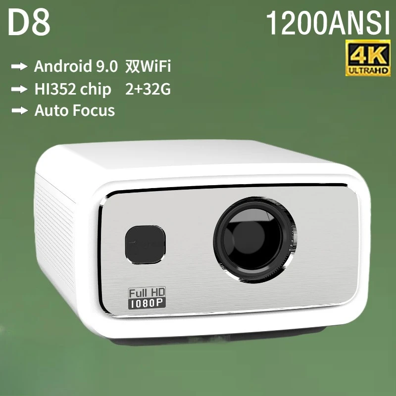 Proyector Android 9.0 (Blanco, estándar europeo) con Wi-Fi dual y brillo de 1200 lúmenes ANSI.