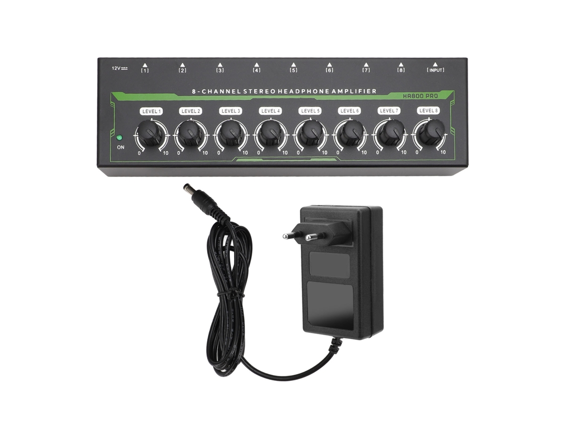 Amplificador De Auriculares De 8 Canales Con Control De Volumen, Conector De 6,35 Mm, Luz Rgb, Respiradero Y Enchufe Europeo.