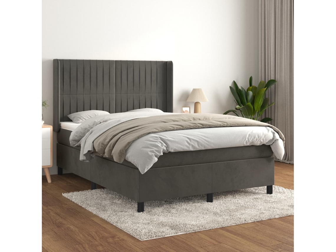 Cama Box Spring Con Colchón Terciopelo Gris Oscuro 140x190 Cm
