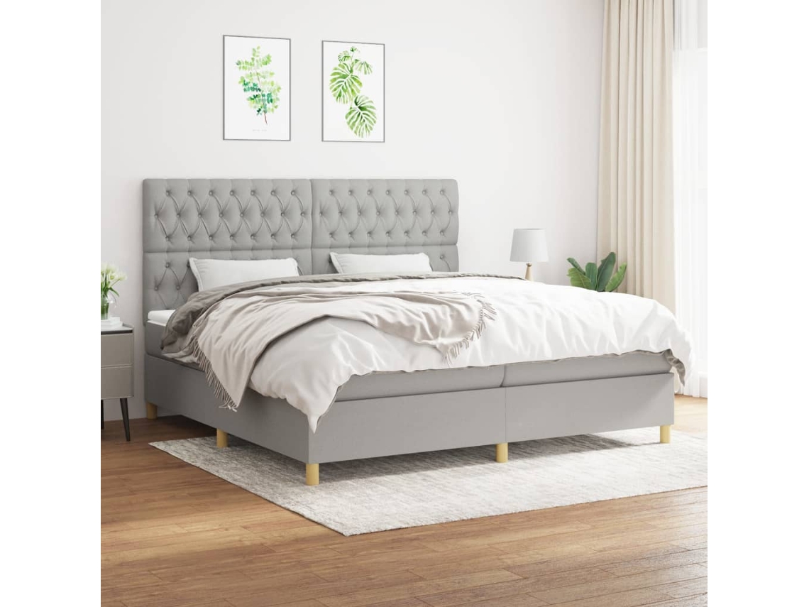 Cama Box Spring Con Colchón Tela Gris Claro 200x200 Cm