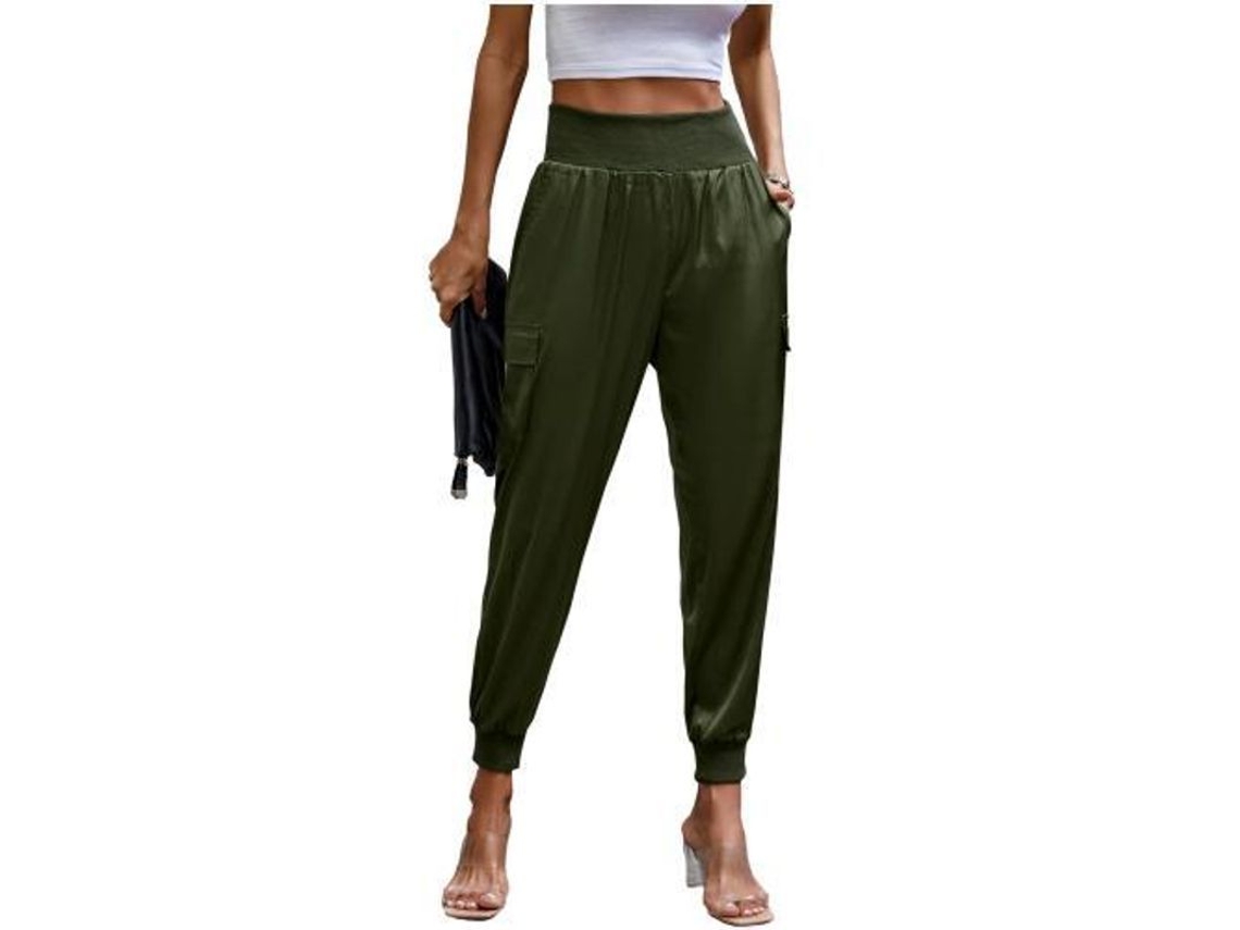 Calça jogger feminina casual de seda com cintura alta e bolsos compridos, tamanho P, verde militar, modelo 2026.