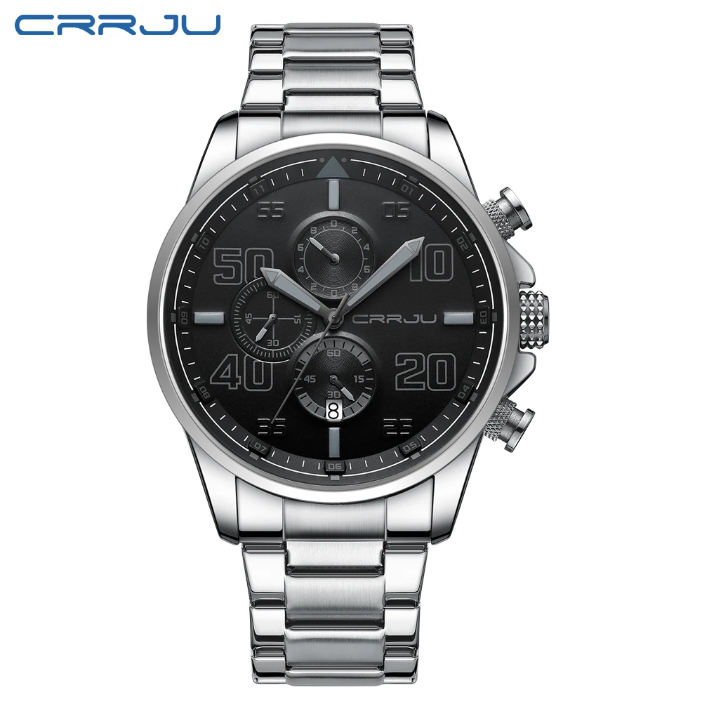 Reloj Para Hombre (plateado Y Negro), Esfera Grande, Acero Inoxidable, Cronógrafo Resistente Al Agua.