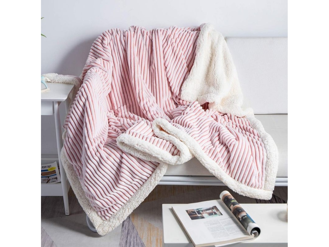 2026-39969-manta Sherpa Reversible Flanela Suave Peluda Cálida Rayas Para Sofa Cama Sillón Temporadas Rosa 60x80"