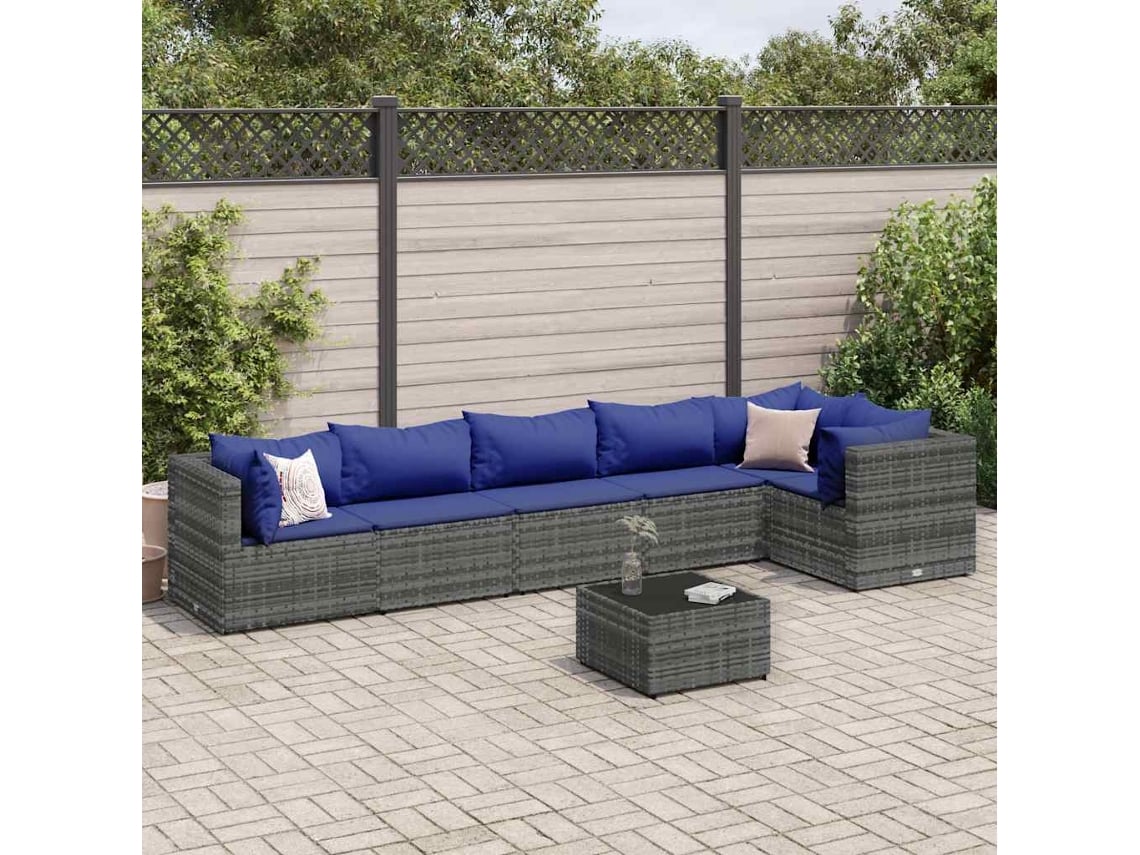Conjunto de jardín de 7 piezas con cojines, ratán gris, DKD Home Decor