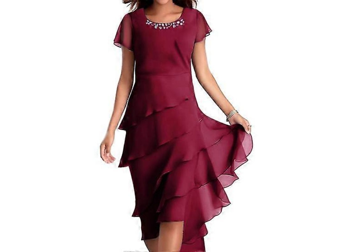 2026-vestido Elegante De Mujer Con Cuello O, Mangas Cortas, Decoración De Perlas Y Falda Capa Midi Para Fiesta Y Boda