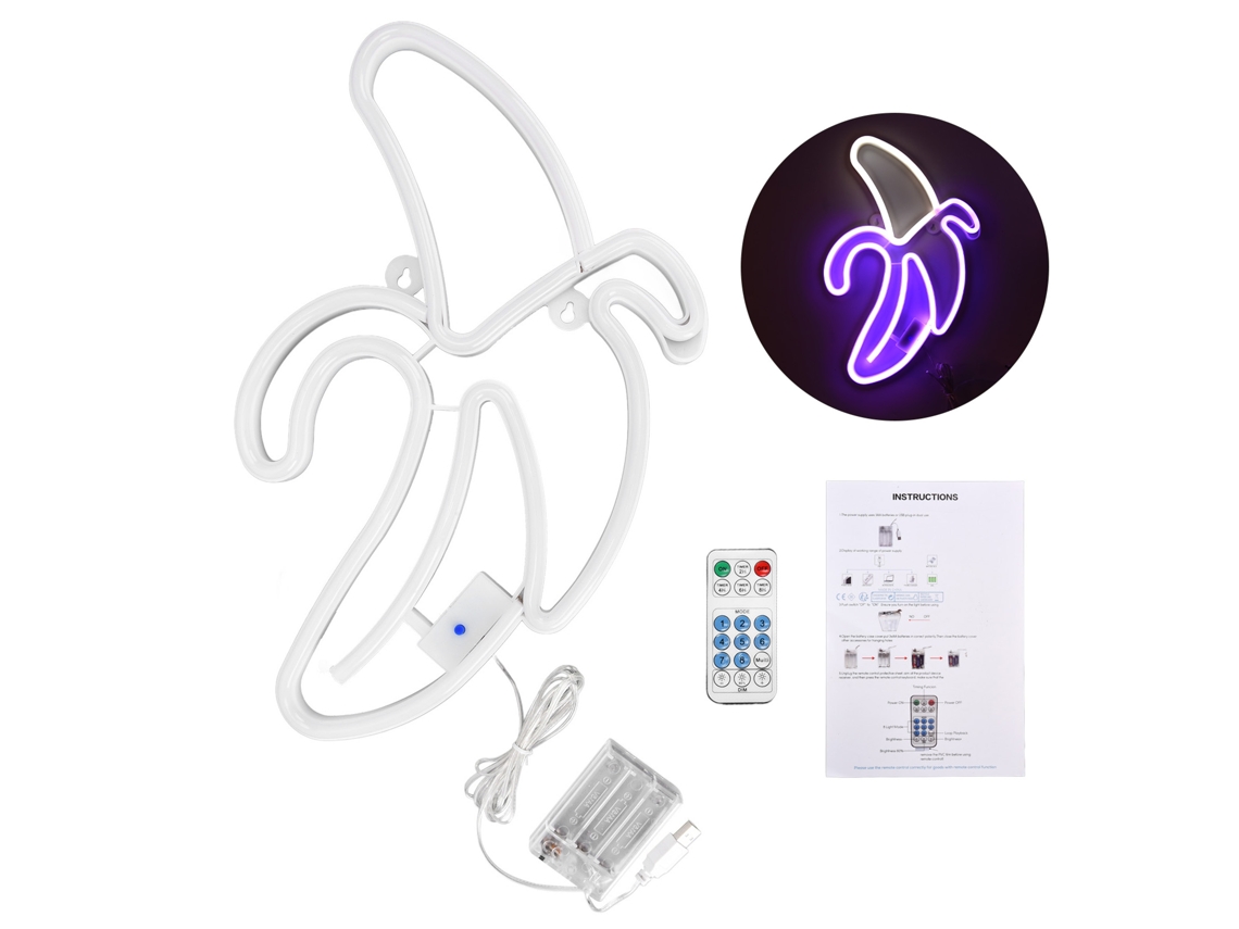 Rebe-lámpara De Neón Banana Con Control Remoto 8 Modos 18 Teclas Temporizador Luz Blanca Y Morada Decoración Hogar