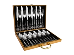 (juego De 24 Piezas - Plata) Caja De Madera Con Cubiertos De Acero Inoxidable, Cubiertos Y Cucharas Con Relieve De Estilo Retro Europeo