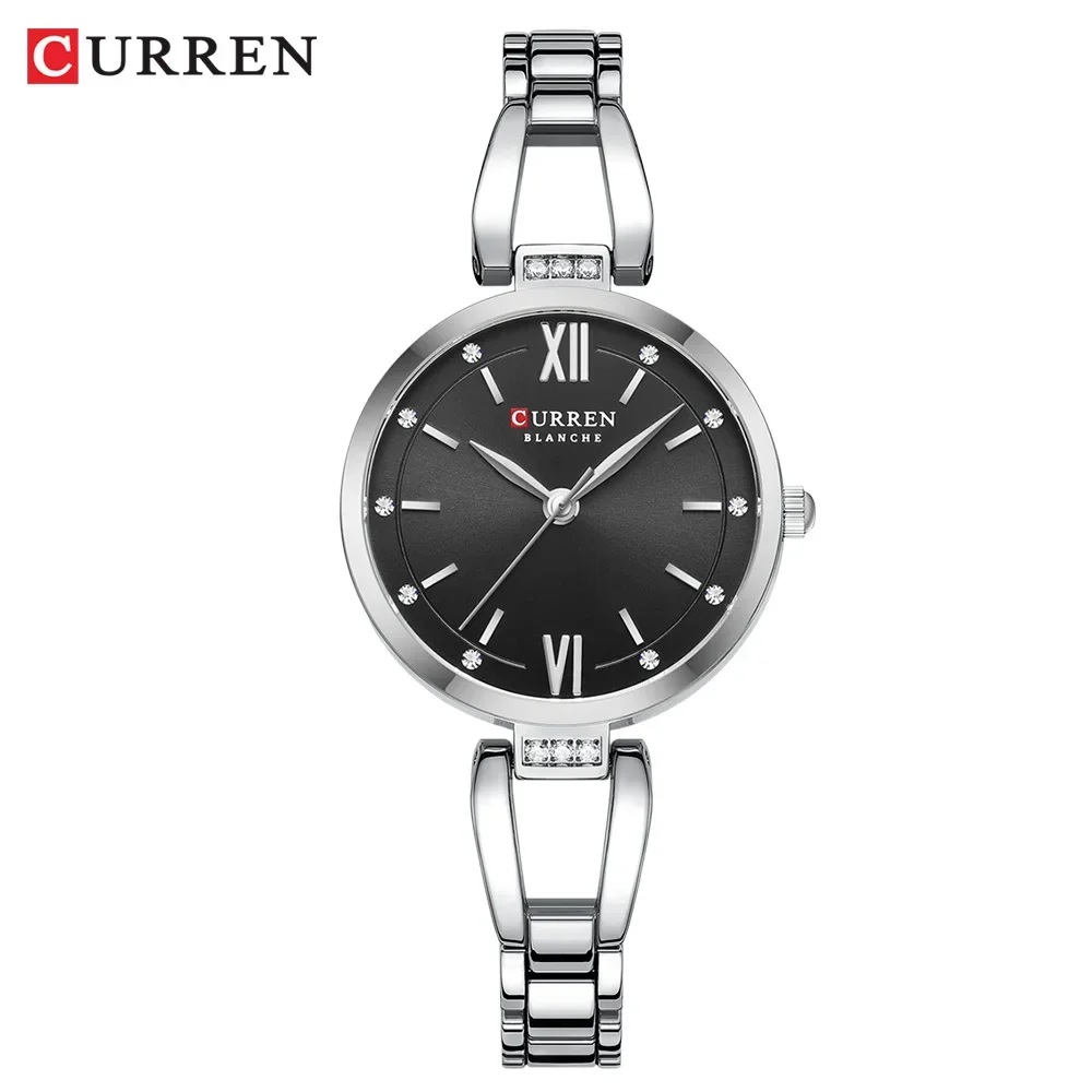 Reloj de mujer (plata y negro), engastado con diamantes de imitación brillantes, pulsera sencilla de acero inoxidable.
