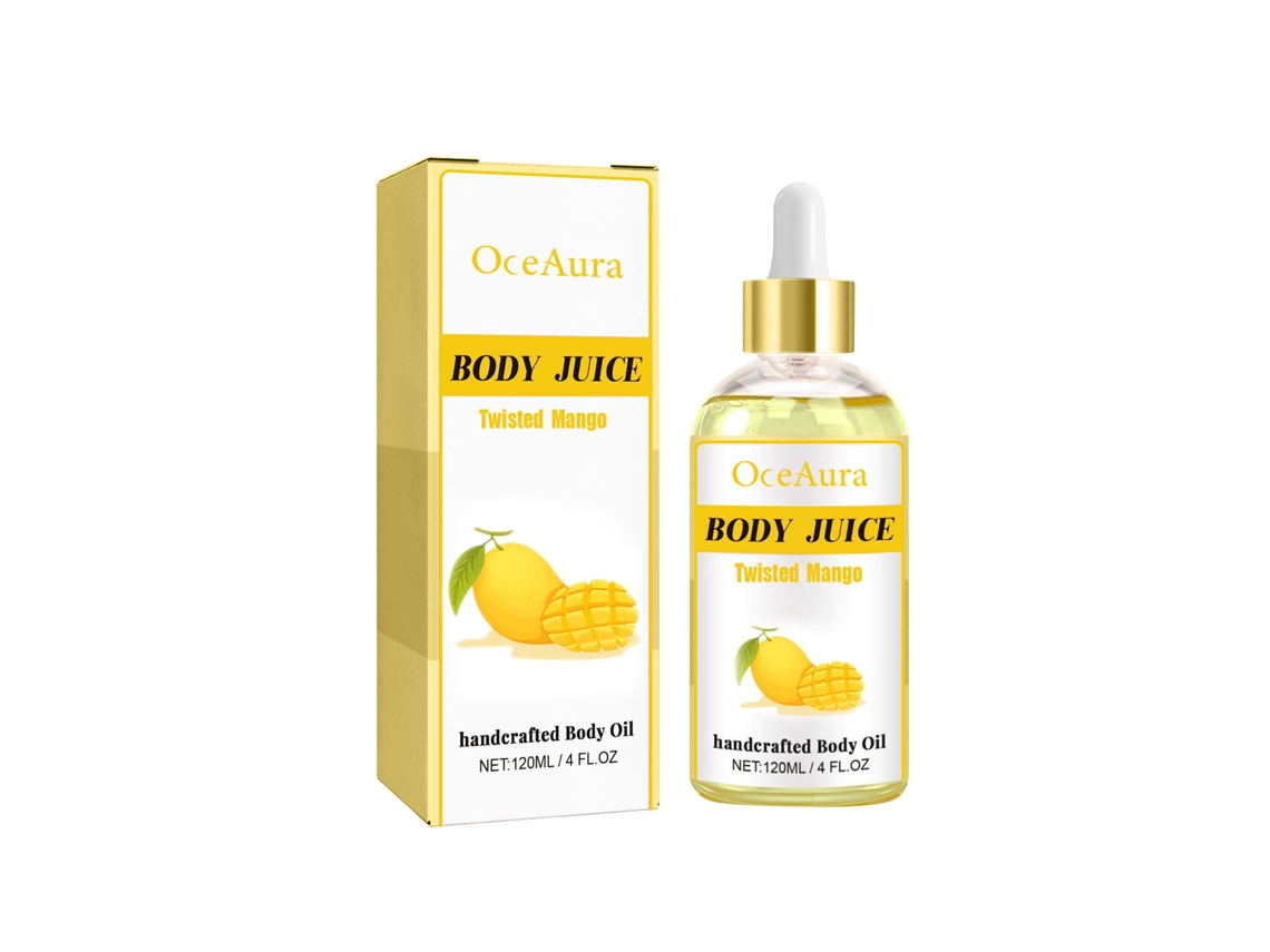 El aceite corporal de mango Oceanaura hidrata la piel suave.