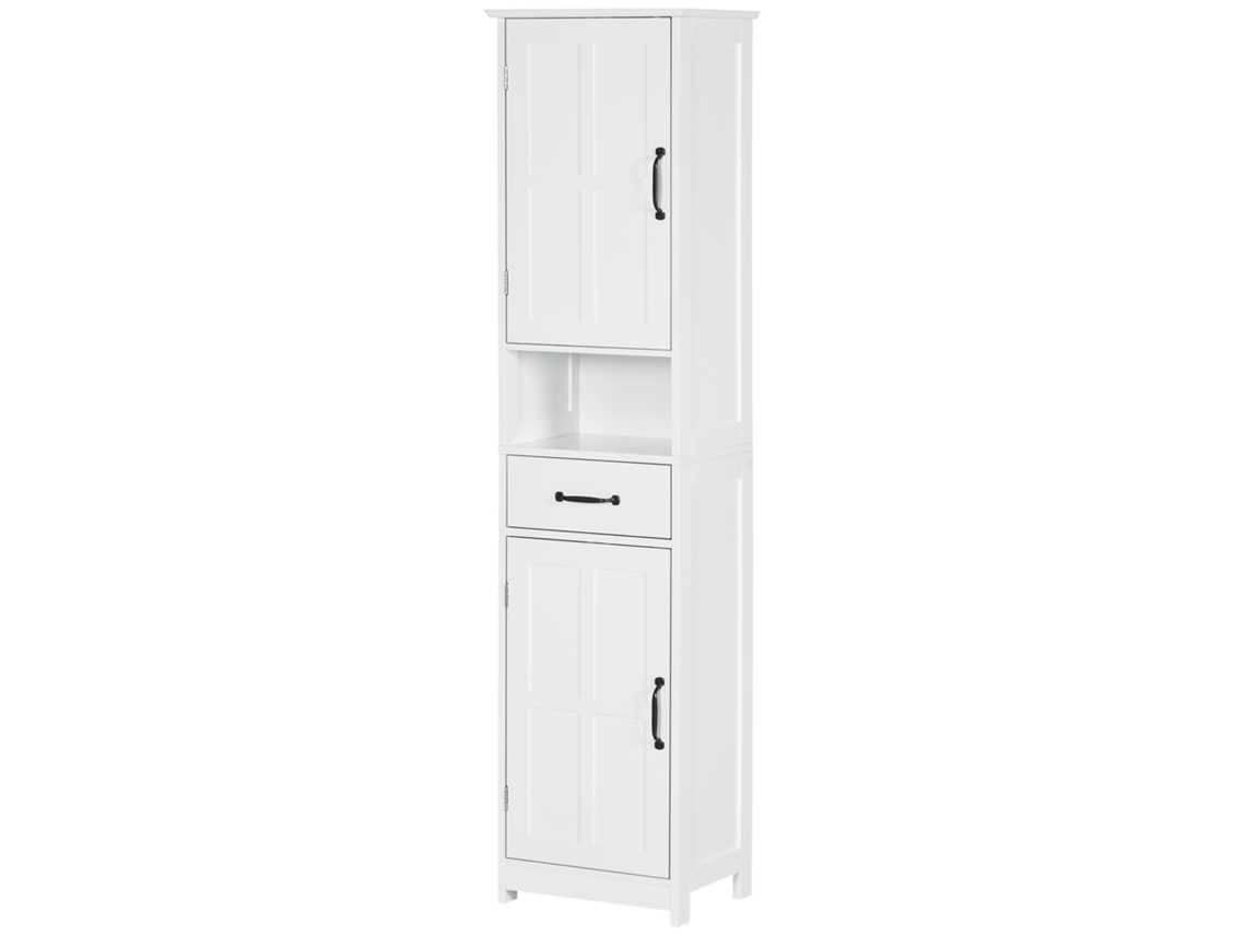 Mueble Columna De Baño De Madera Con Estante Abierto, Cajón Y 2 Armarios, 40x30x164 Cm, Blanco