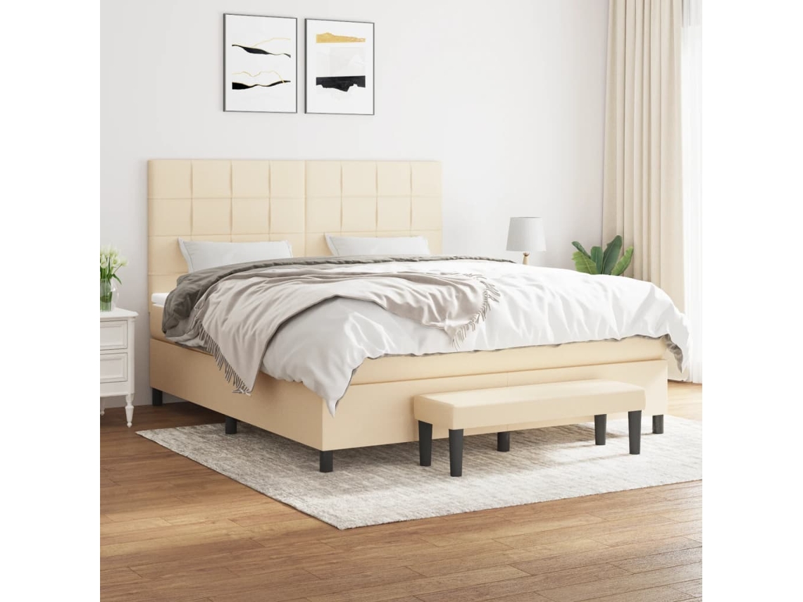 Cama Box Spring Con Colchón Tela Color Crema 180x200 Cm