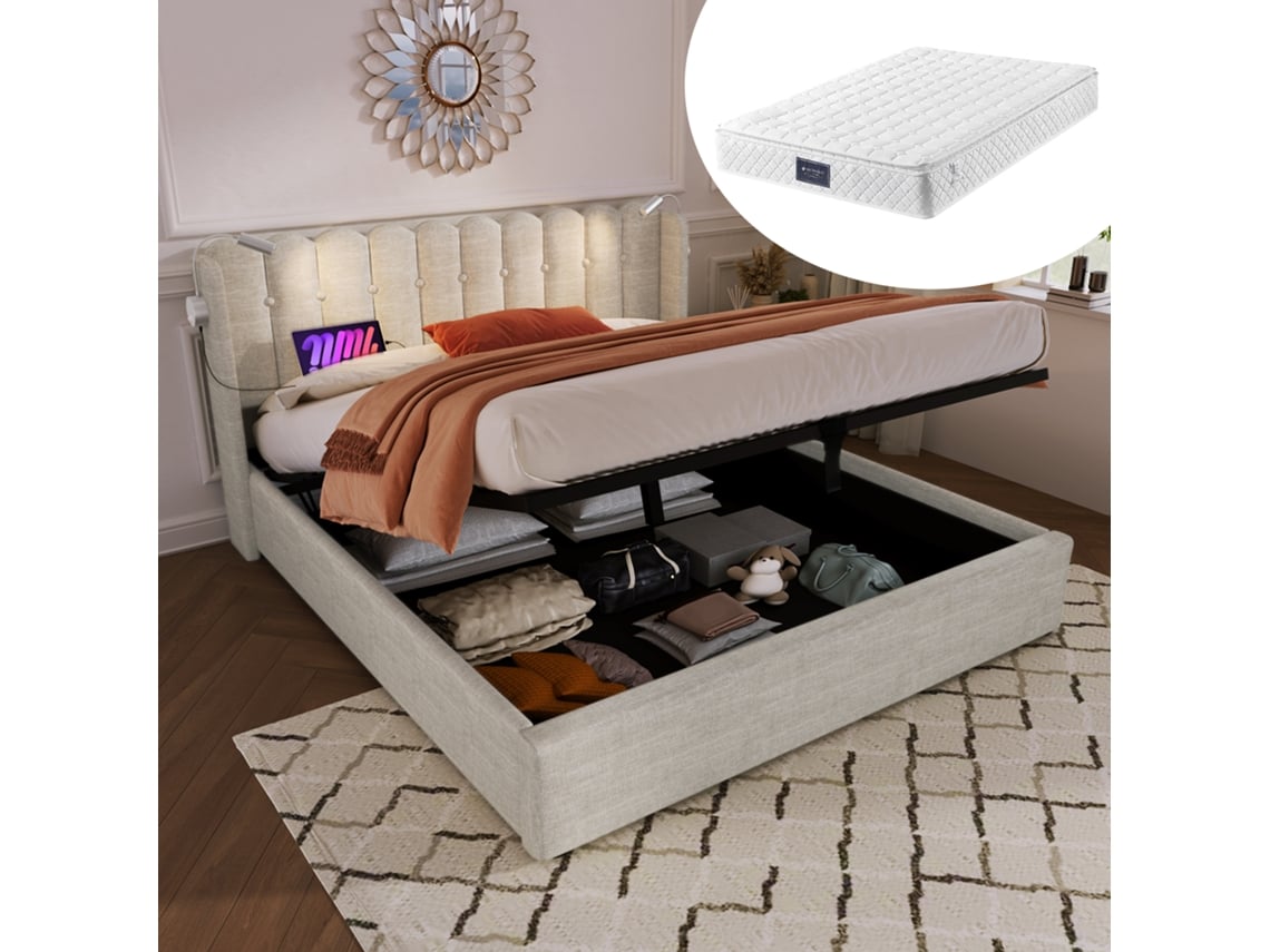 Cama 160x200 Cm Con Almacenamiento, Luz Lectura, Cabecero Con Usb, Lino Natural, Con Colchón.