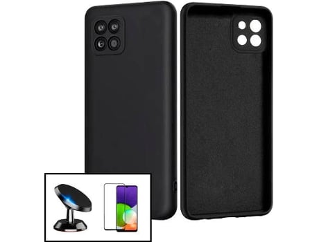 Kit Protector de Cristal Templado 5D Full Cover, Funda Silicona Liquida y Soporte Magnético de Coche Samsung Galaxy M22 PHONECARE Negro