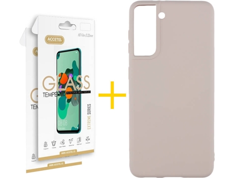 Carcasa y 2 Protectores de Pantalla de Vidrio Samgung S21 Plus ACCETEL Silicona Líquida Rosa