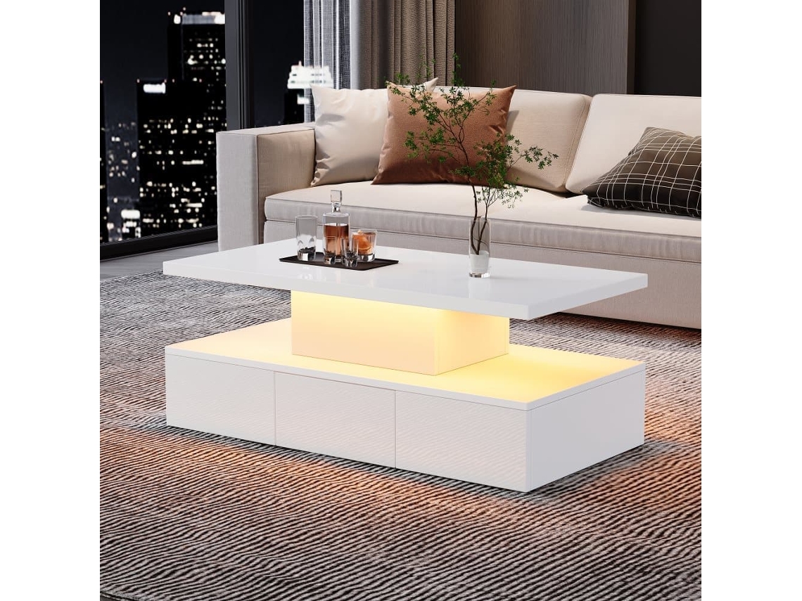 Mesa De Centro De 2 Niveles - Con Luz Led De 16 Colores - Sofá Con Estante Abierto Y 1 Cajón Deslizante - Blanco