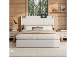 Cama De Matrimonio 140x200 Cm En Lino, Cama Doble Con Almacenaje Hidráulico, Cabecero Geométrico Con Estantes Y Puertos Usb, Beige