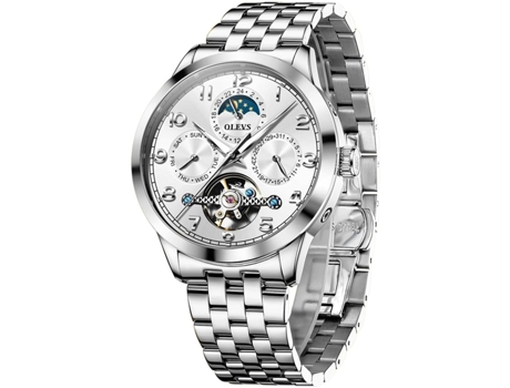 VEANXIN Reloj Automático para Hombre Reloj Mecánico de Negocios de Acero Inoxidable Multicalendario Reloj Luminoso Impermeable(blanco)