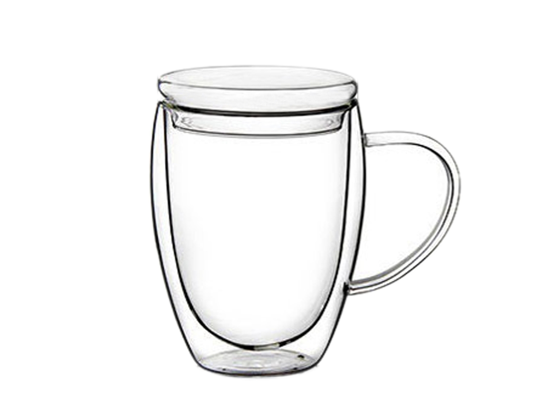 Vaso transparente de doble pared con tapa para café y leche.